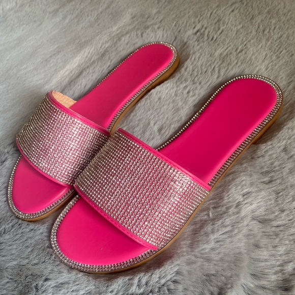 Sparkly PINK / Rose red rhinestone slide sandals - Picture 1 of 4